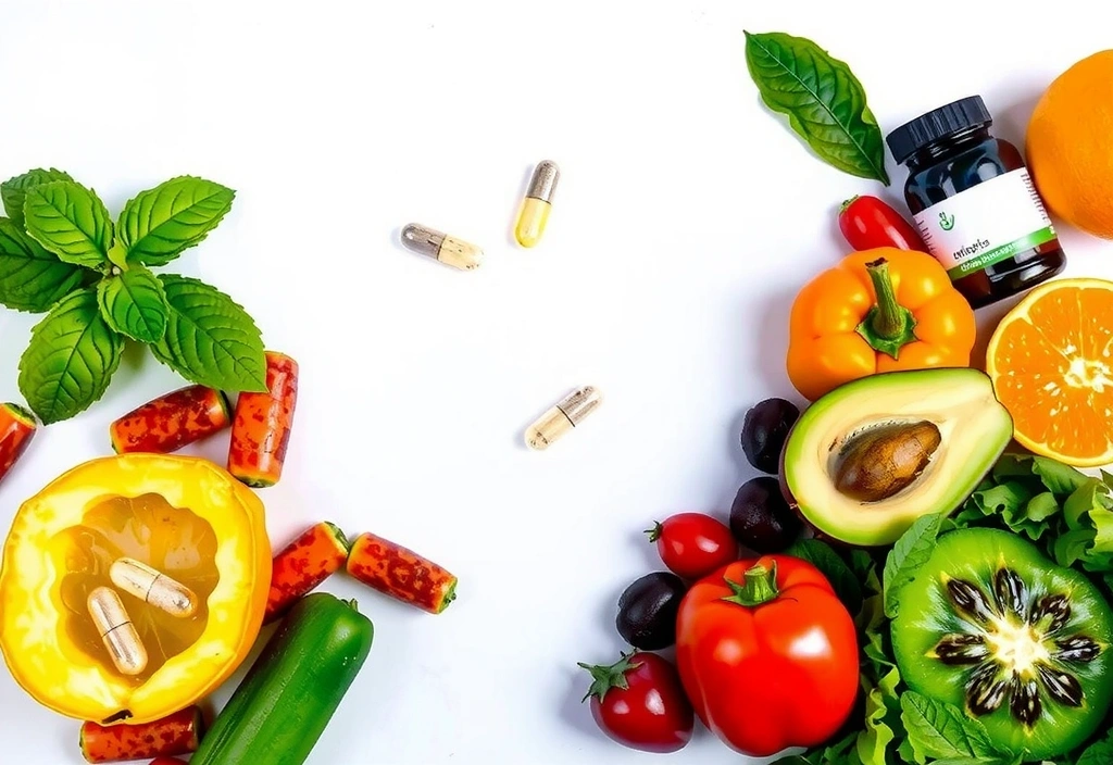 Natural wellness lifestyle with supplements and healthy food